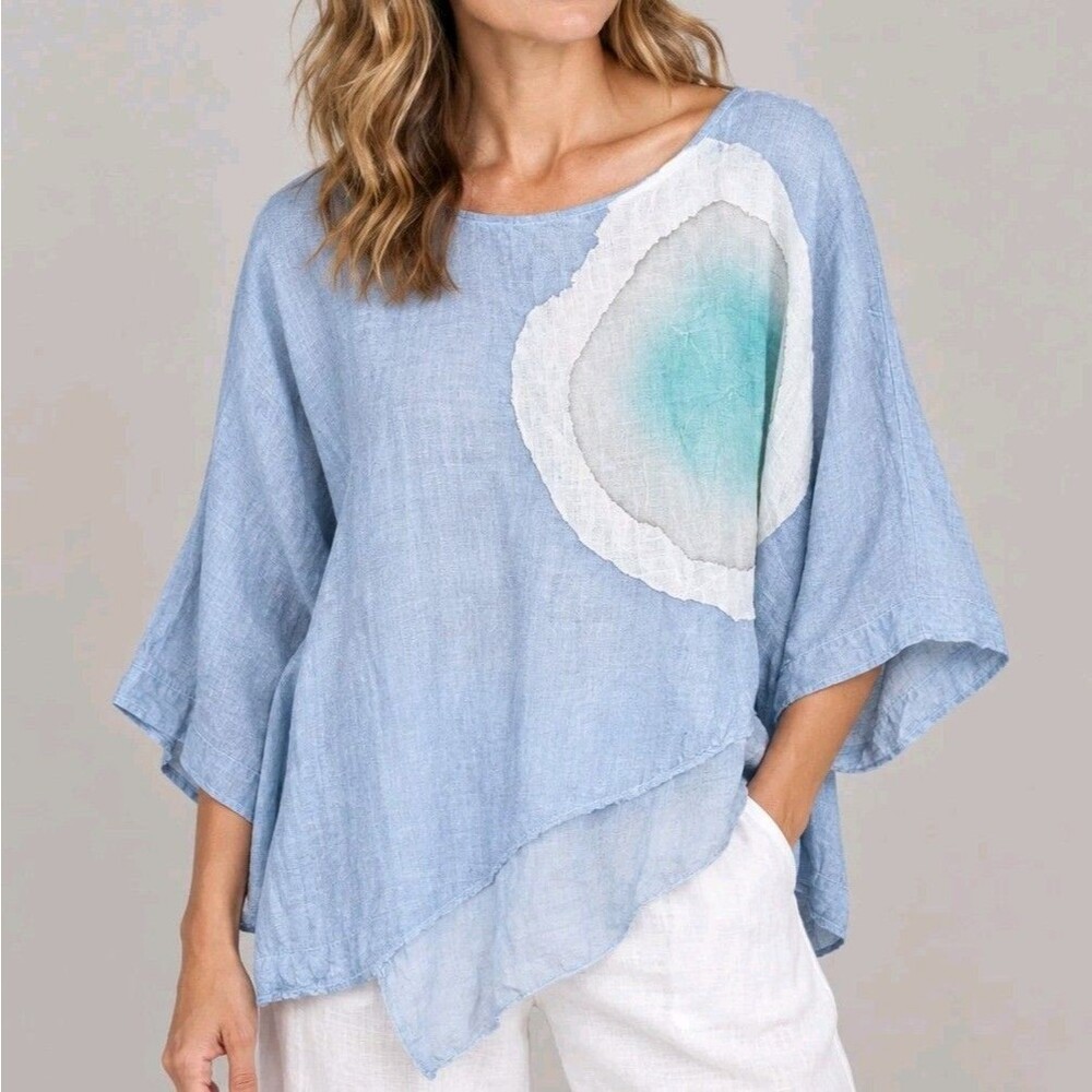 Belle France Linen Silk Artsy Abstract Asymmetric Blouse Top Italy Made - XL
